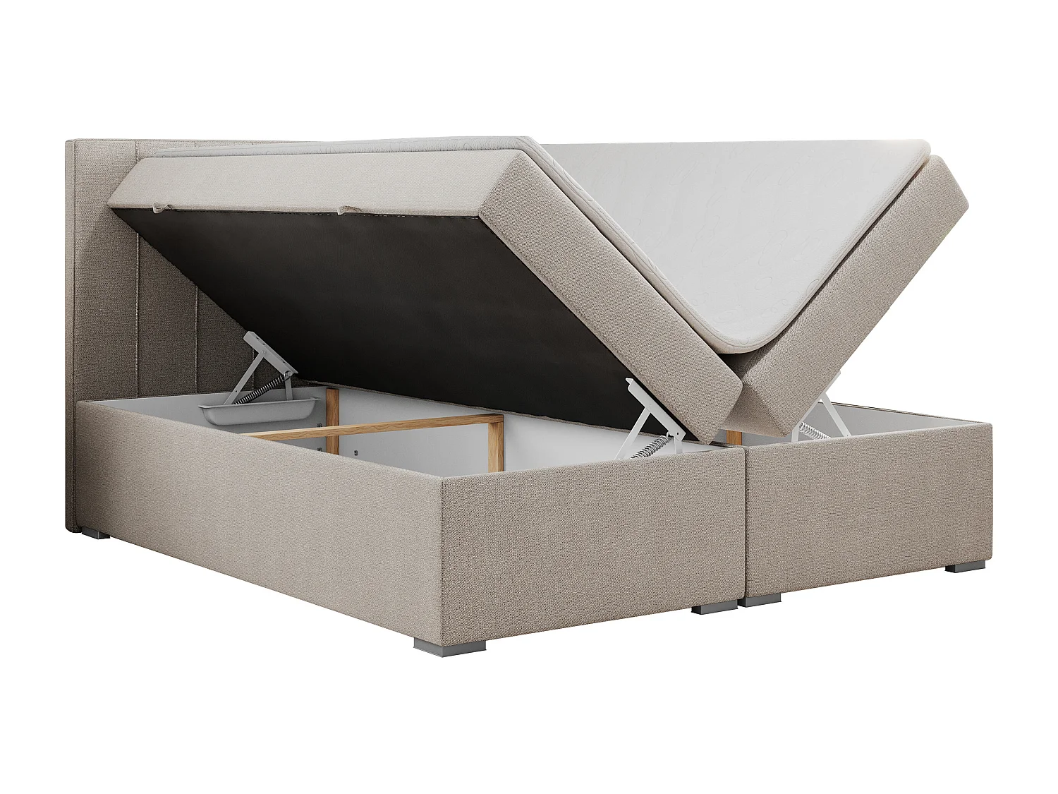 Boxspringbett ALLY - gestreiftes, genähtes Kopfteil, zwei Bettkästen, Multipocket-Matratzen, Praktisch Polsterbett - 200x200 cm - H4 - Beige Strukture
