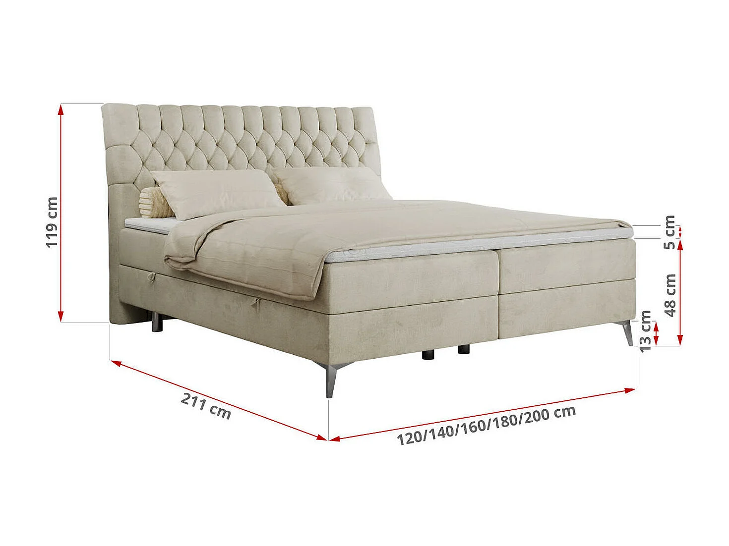 Boxspringbett MILEN - gepolstertes Schlafzimmerbett, zwei Multipocket-Matratze, dekorative hohe Beine - 200x200 cm - H4 - Beige Velvet