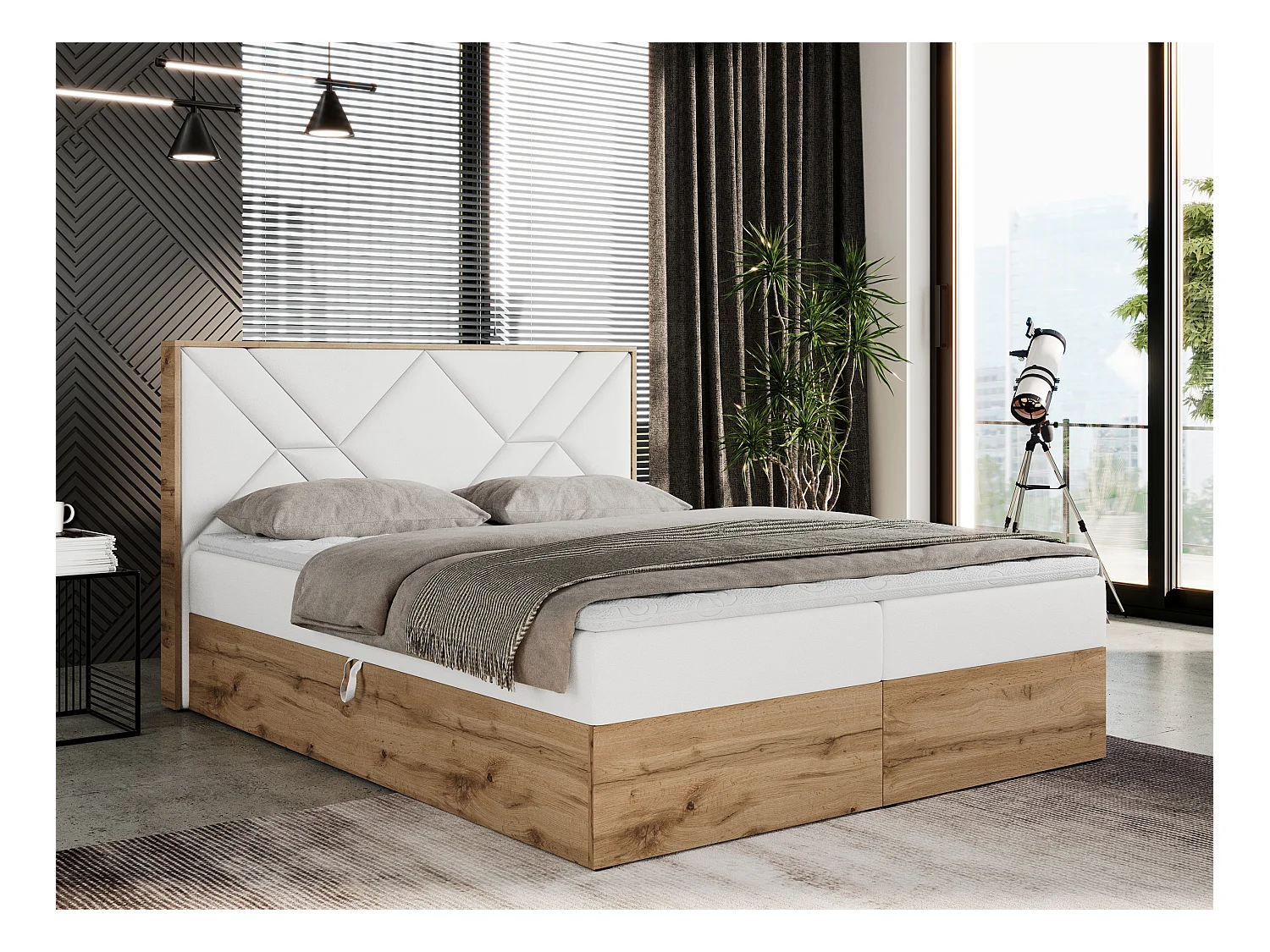Boxspringbett GUNAR - gepolster kopfteil, Doppelbett mit Multipocket-Matratze, zwei Bettkästen - 180x200 cm - H4 - Weiß Kunstleder