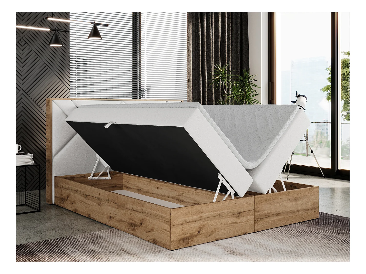 Boxspringbett GUNAR - gepolster kopfteil, Doppelbett mit Multipocket-Matratze, zwei Bettkästen - 180x200 cm - H4 - Weiß Kunstleder