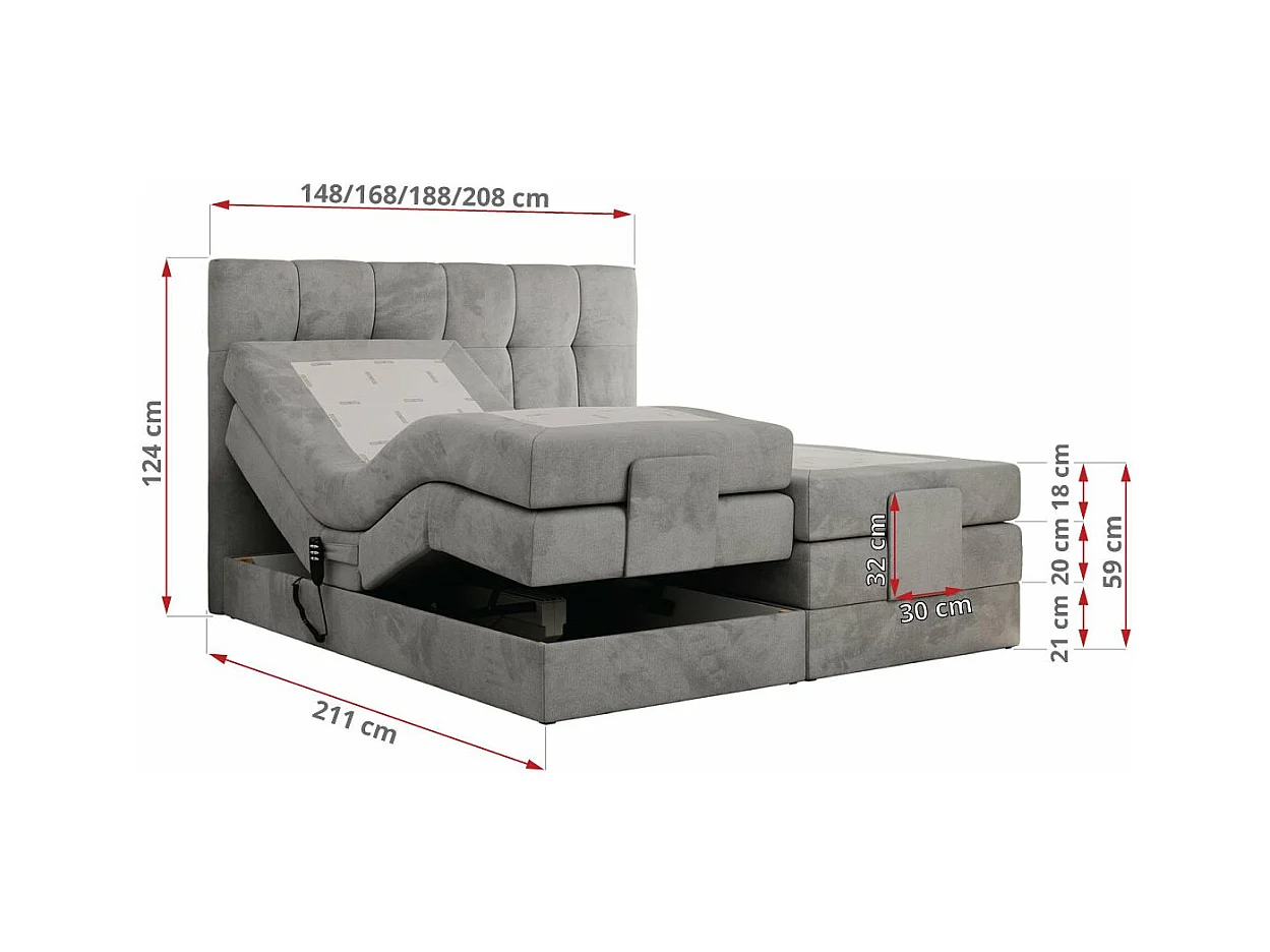 Boxspringbett VITTORIA - mit gestepptem Kopfteil, elektrischem Untergestell, Multipocket-Matratze - 200x200 cm - H3 - Hellgrau Velvet