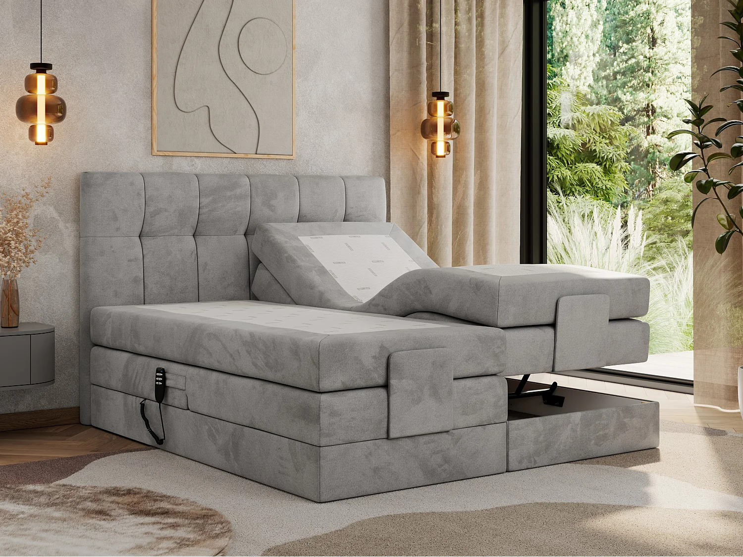 Boxspringbett VITTORIA - mit gestepptem Kopfteil, elektrischem Untergestell, Multipocket-Matratze - 200x200 cm - H3 - Hellgrau Velvet