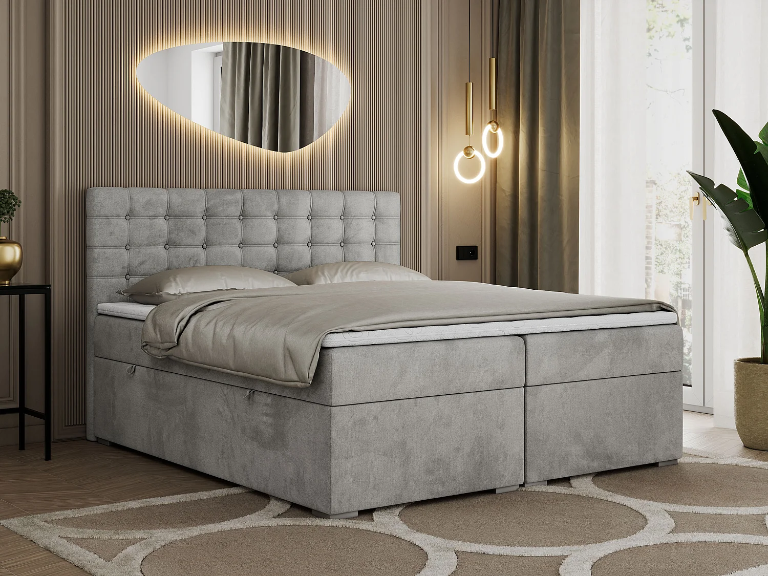 Boxspringbett SUSAN - mit gestepptem Kopfteil, zwei Bettkästen und Topper, gepolstertes Schlafzimmerbett - 180x200 cm - H4 - Hellgrau Velvet