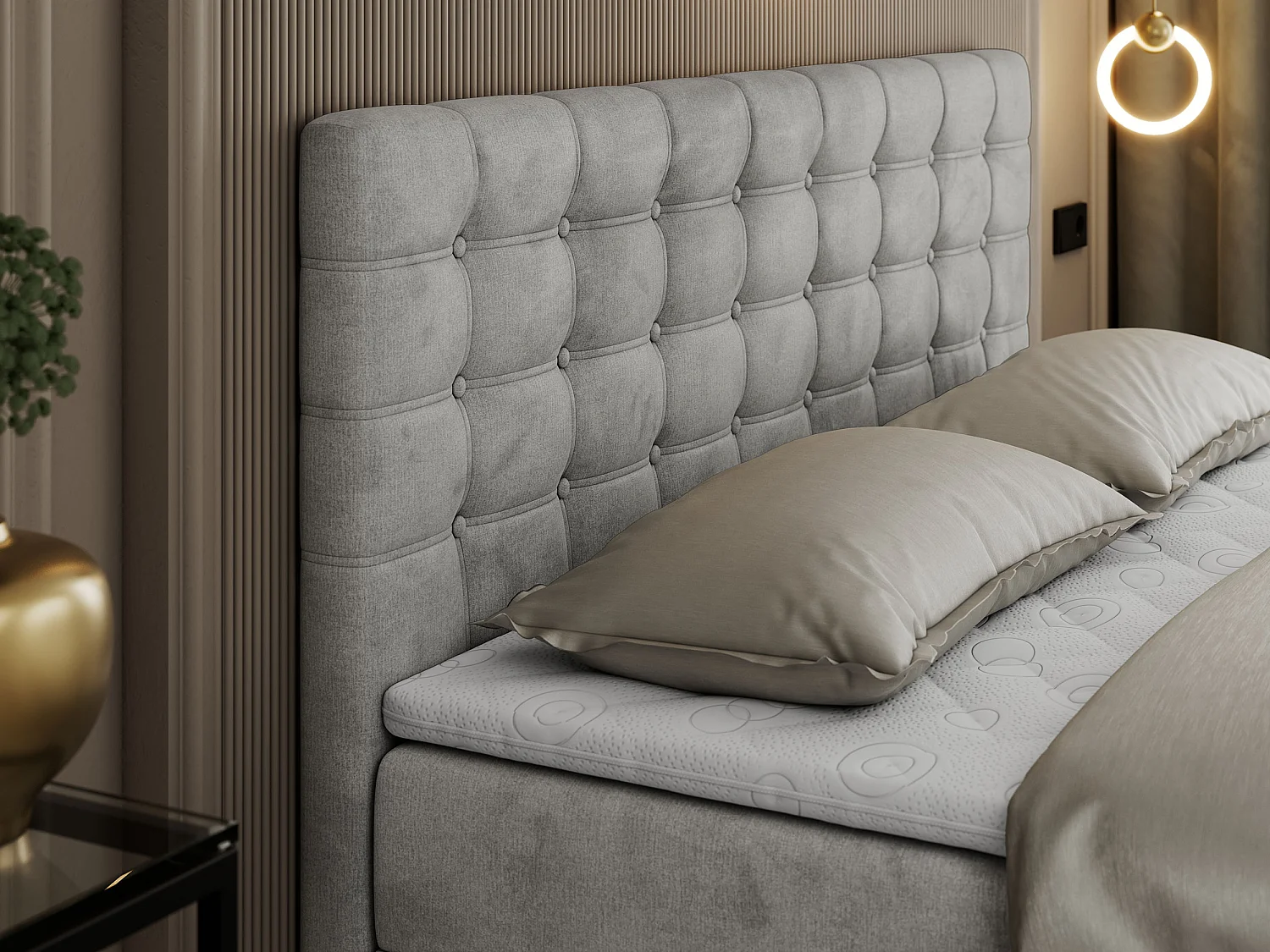 Boxspringbett SUSAN - mit gestepptem Kopfteil, zwei Bettkästen und Topper, gepolstertes Schlafzimmerbett - 180x200 cm - H4 - Hellgrau Velvet