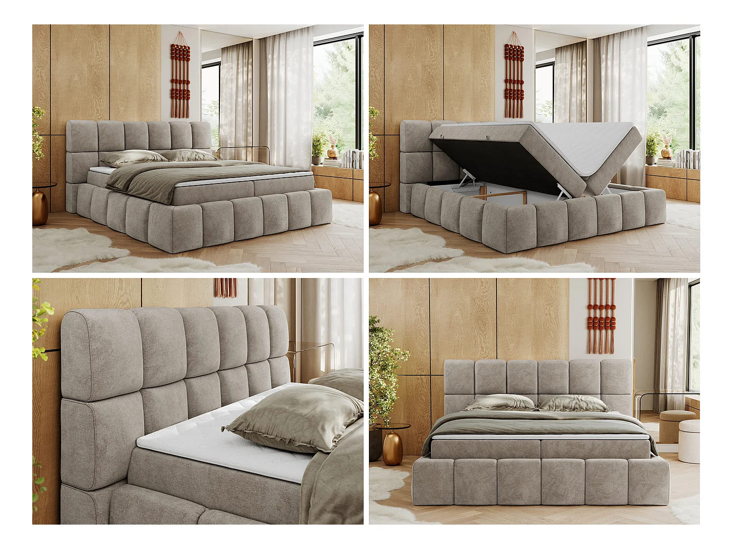Boxspringbett NIRA - dekorativ kopfteil, Bettkästen und Multipocket-Matratze, Doppelbett für Schlafzimmer - 120x200 cm - H4 - Beige Strukture