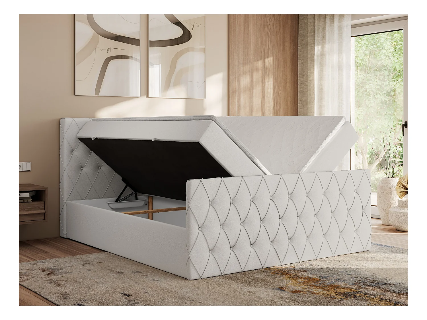 Boxspringbett MIREN DUO - mit gestepptem Kopfteil und Front, Multipocket-Matratze, zwei Bettkästen - 180x200 cm - H4 - Weiß Kunstleder