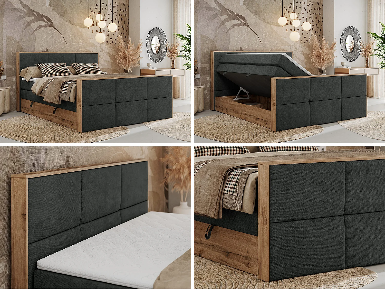 Boxspringbett ALBERO 2 KING DUO - Eiche Wotan Holzrahmen, zwei Multipocket-Matratzen, Bettkästen - 180x200 cm - H4 - Dunkelgrau Strukture
