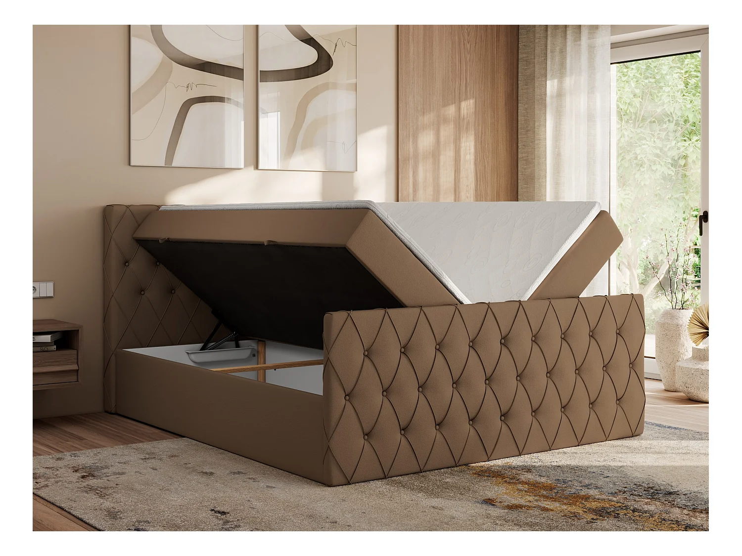 Boxspringbett MIREN DUO - mit gestepptem Kopfteil und Front, Multipocket-Matratze, zwei Bettkästen - 180x200 cm - H3 - Braun Kunstleder