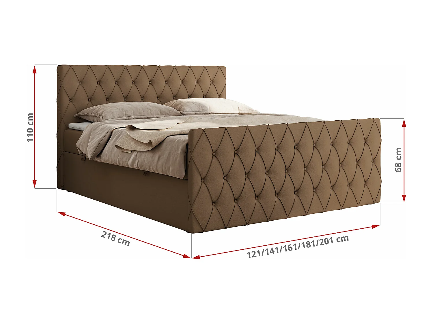 Boxspringbett MIREN DUO - mit gestepptem Kopfteil und Front, Multipocket-Matratze, zwei Bettkästen - 180x200 cm - H3 - Braun Kunstleder