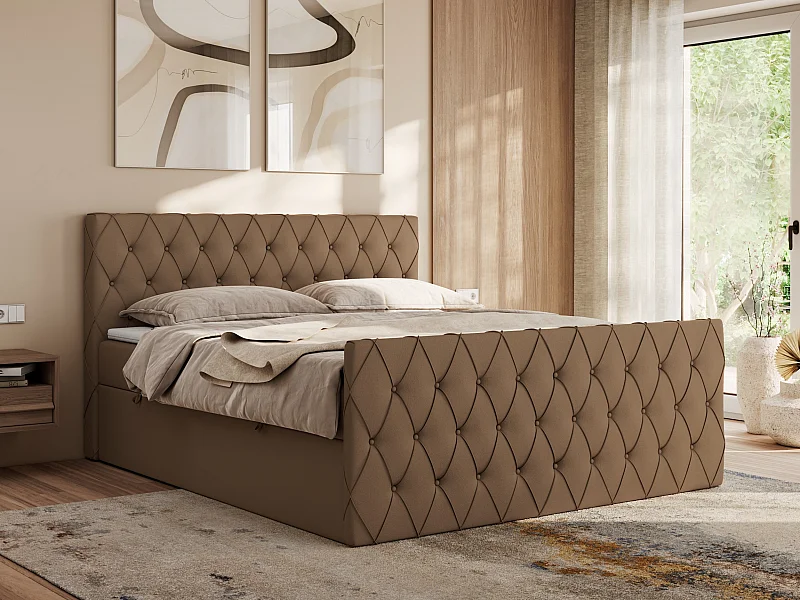 Boxspringbett MIREN DUO - mit gestepptem Kopfteil und Front, Multipocket-Matratze, zwei Bettkästen - 180x200 cm - H3 - Braun Kunstleder