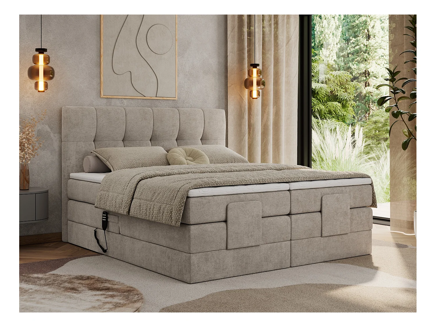 Boxspringbett VITTORIA - mit gestepptem Kopfteil, elektrischem Untergestell, Multipocket-Matratze - 160x200 cm - H3 - Beige Strukture