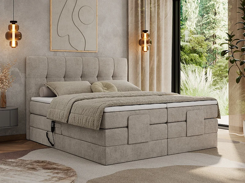 Boxspringbett VITTORIA - mit gestepptem Kopfteil, elektrischem Untergestell, Multipocket-Matratze - 160x200 cm - H3 - Beige Strukture