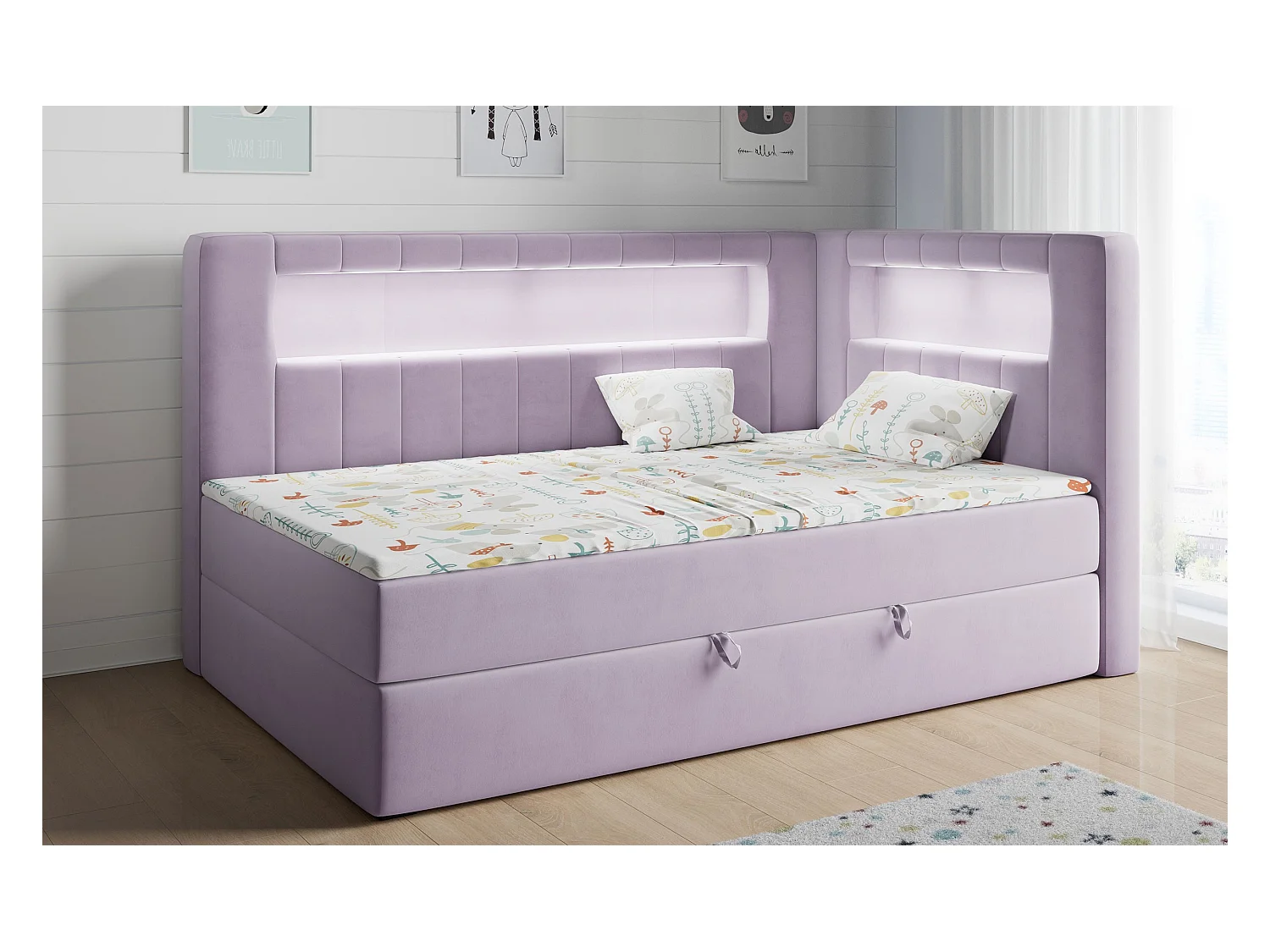 Kinderbett JUNIOR GOLD 3 - Einzelbett mit Matratze, LED-Beleuchtung, Bettkasten - 90x200 cm - Rechts Seite