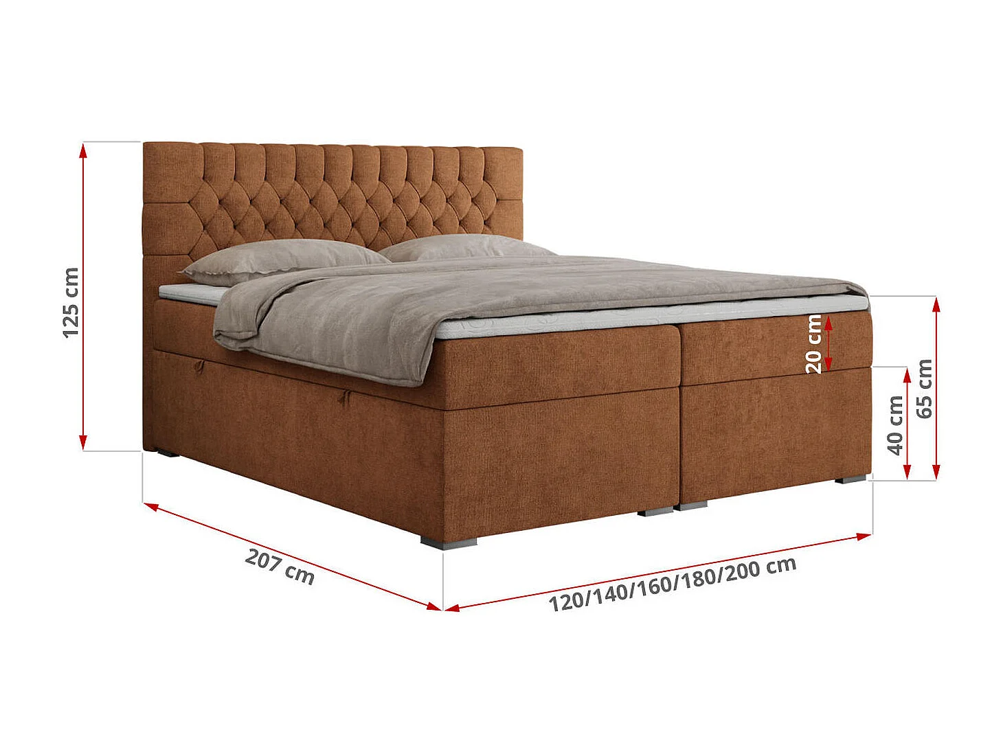 Boxspringbett PERA - gesteppte Kopfstütze, Multipocket-Matratze und Topper, Doppelbett mit Stauraum - 140x200 cm - H4 - Orange Strukture