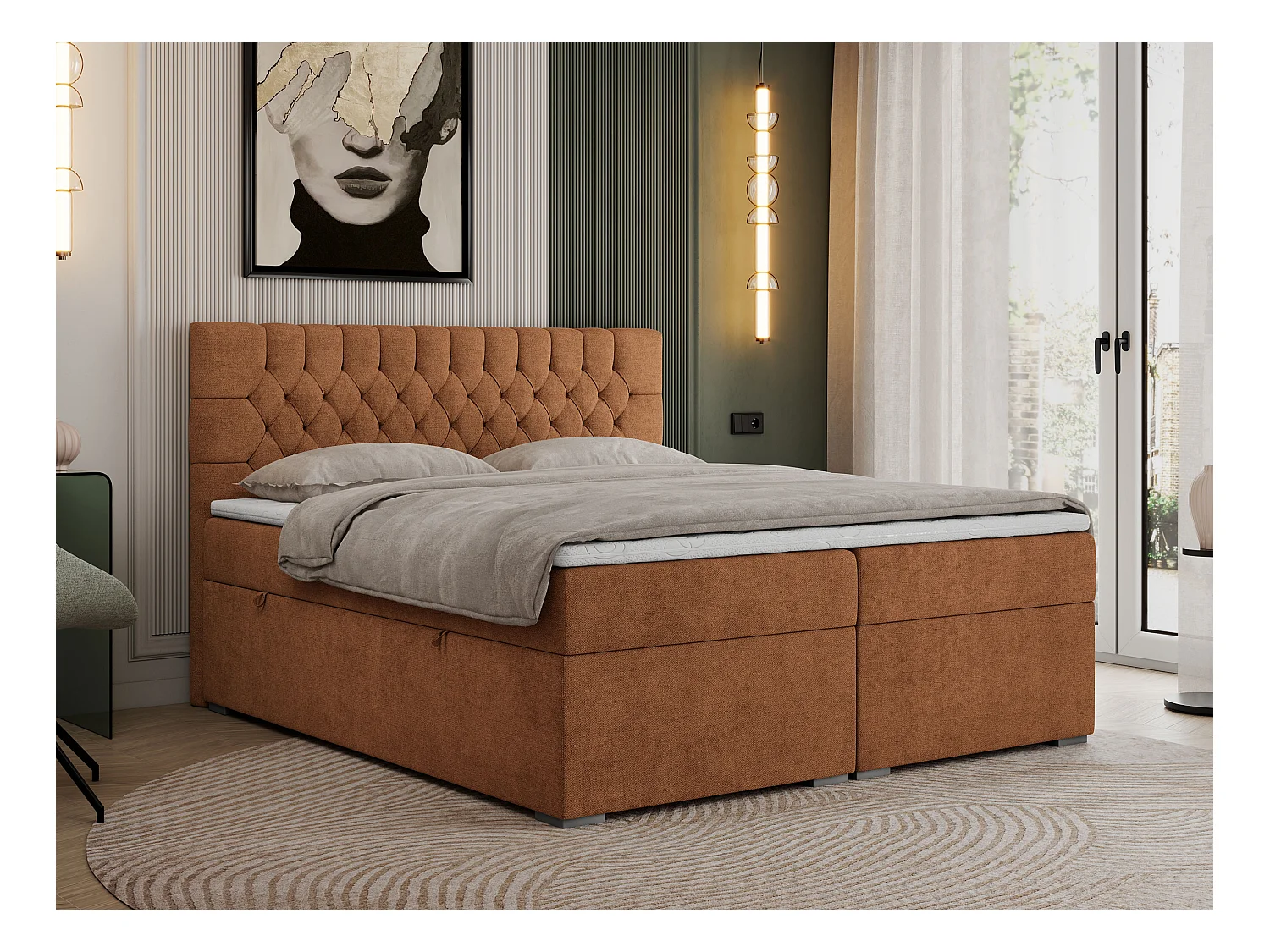 Boxspringbett PERA - gesteppte Kopfstütze, Multipocket-Matratze und Topper, Doppelbett mit Stauraum - 140x200 cm - H4 - Orange Strukture