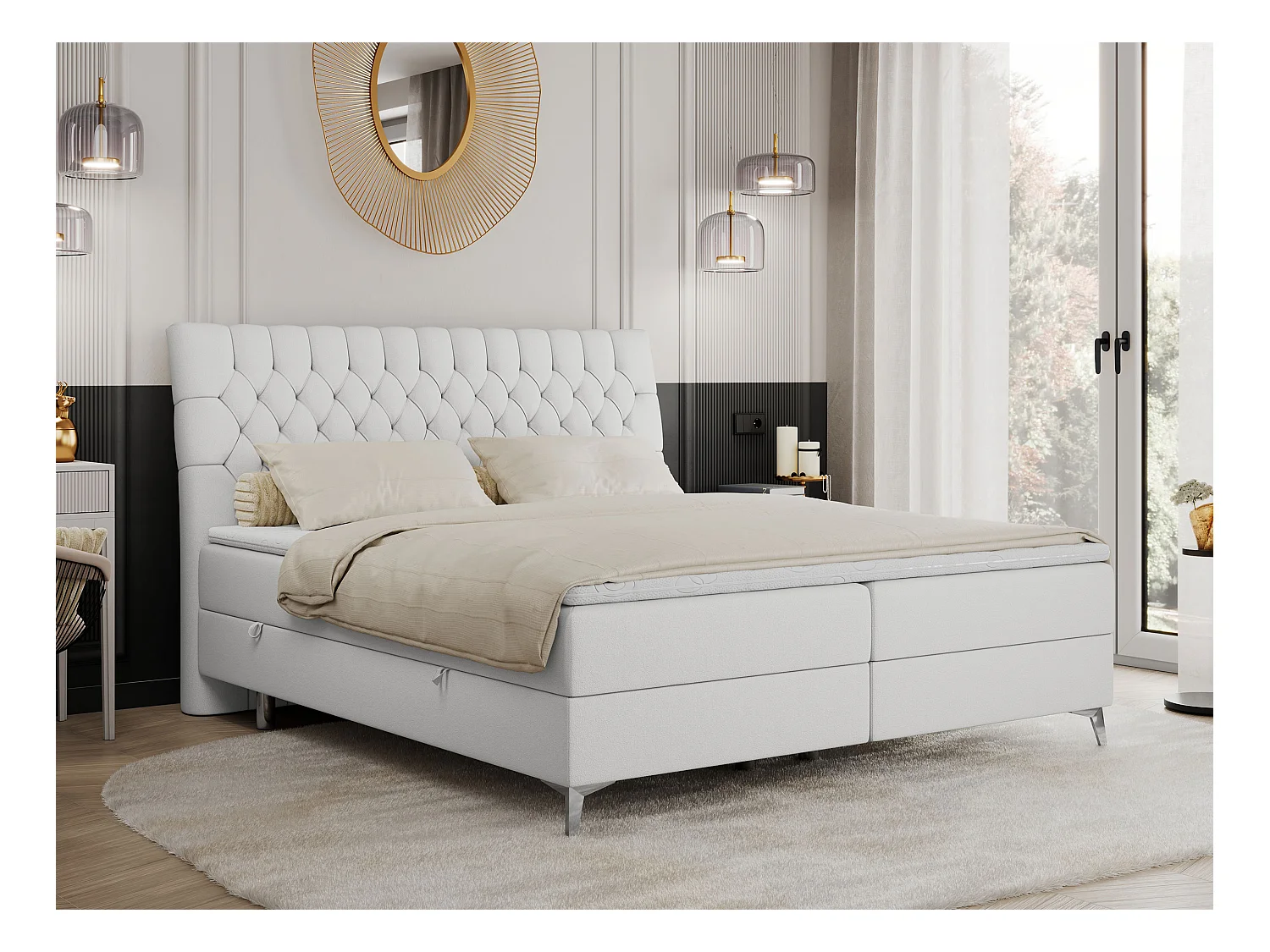 Boxspringbett MILEN - gepolstertes Schlafzimmerbett, zwei Multipocket-Matratze, dekorative hohe Beine - 200x200 cm - H3 - Weiß Kunstleder