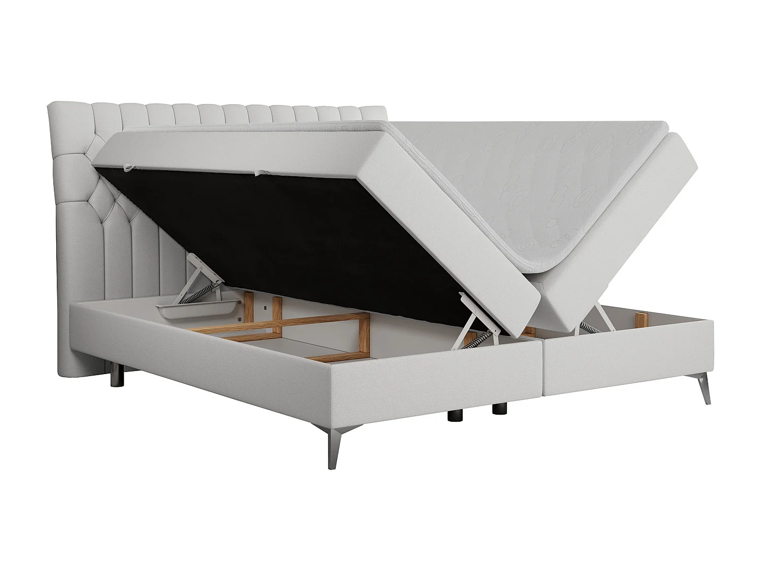 Boxspringbett MILEN - gepolstertes Schlafzimmerbett, zwei Multipocket-Matratze, dekorative hohe Beine - 200x200 cm - H3 - Weiß Kunstleder