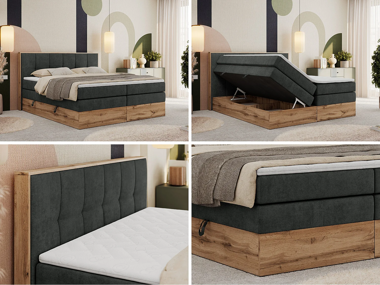 Boxspringbett ALBERO 1 KING - zwei 7 Härtezonen Multipocket-Matratzen, Doppelbett mit Stauraum, Eiche Wotan Holzrahmen - 180x200 cm - H4 - Dunkelgrau Strukture