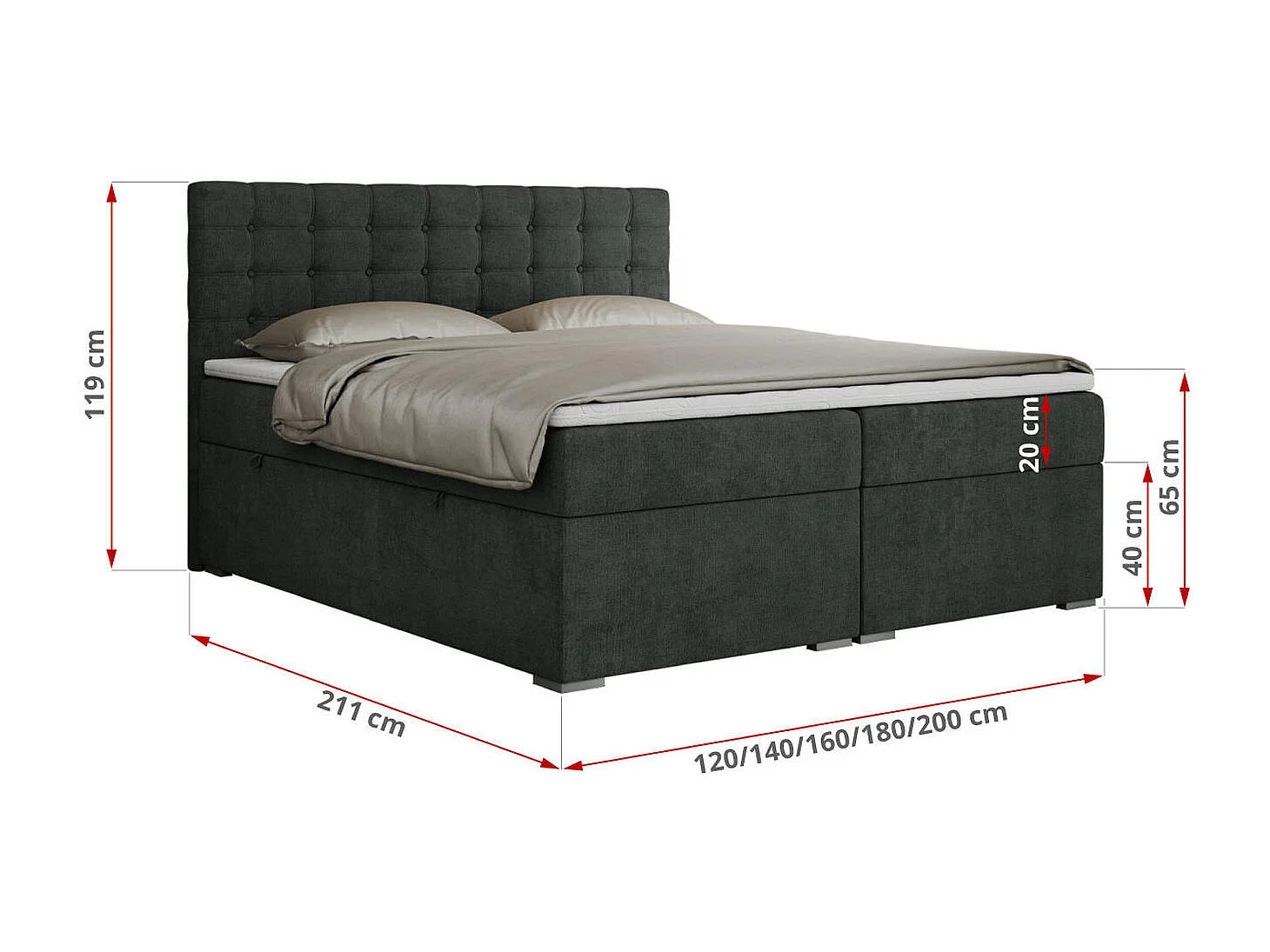 Boxspringbett SUSAN - mit gestepptem Kopfteil, zwei Bettkästen und Topper, gepolstertes Schlafzimmerbett - 120x200 cm - H4 - Dunkelgrau Stukture