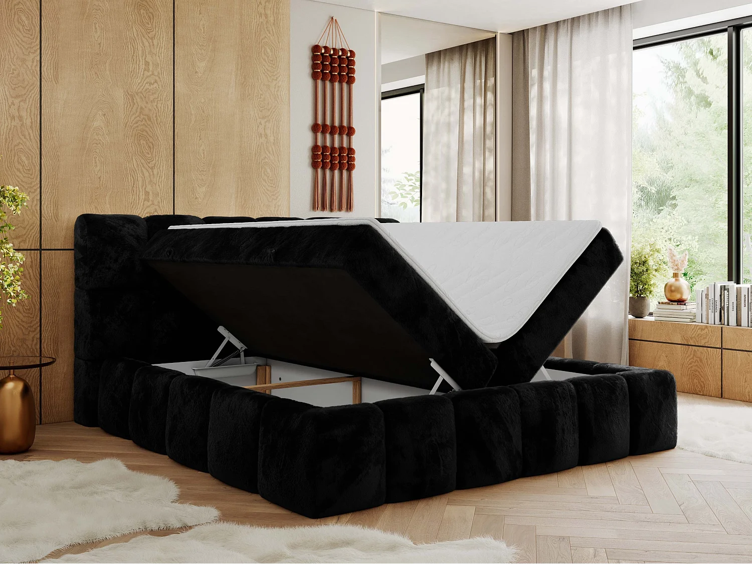 Boxspringbett NIRA - dekorativ kopfteil, Bettkästen und Multipocket-Matratze, Doppelbett für Schlafzimmer - 180x200 cm - H4 - Schwarz Plüsch