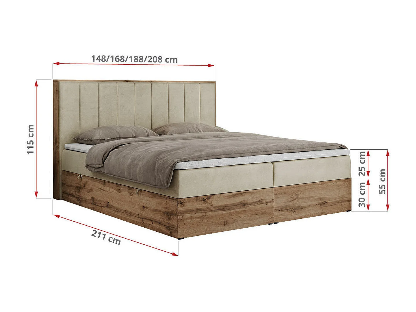 Boxspringbett BELLISSIMO - mit gestepptem Kopfteil, Polsterbett mit zwei Bettkästen, Multipocket-Matratze - 140x200 cm - H3 - Beige Velvet