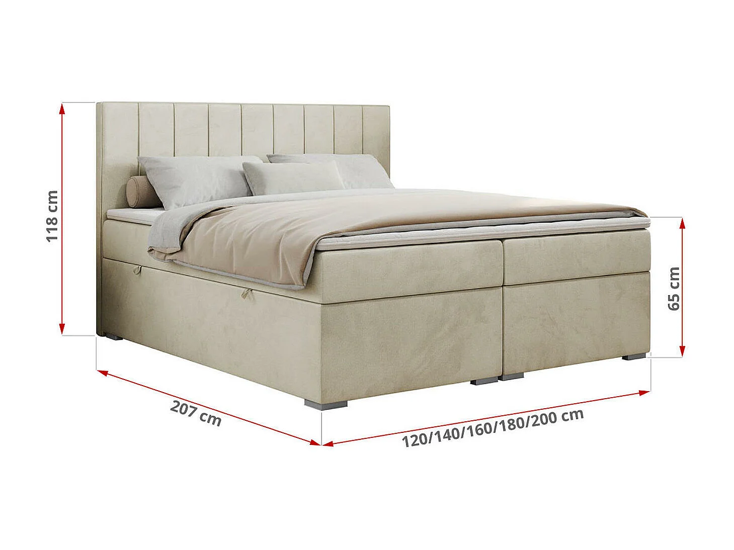 Boxspringbett ALLY - gestreiftes, genähtes Kopfteil, zwei Bettkästen, Multipocket-Matratzen, Praktisch Polsterbett - 120x200 cm - H4 - Beige Velvet
