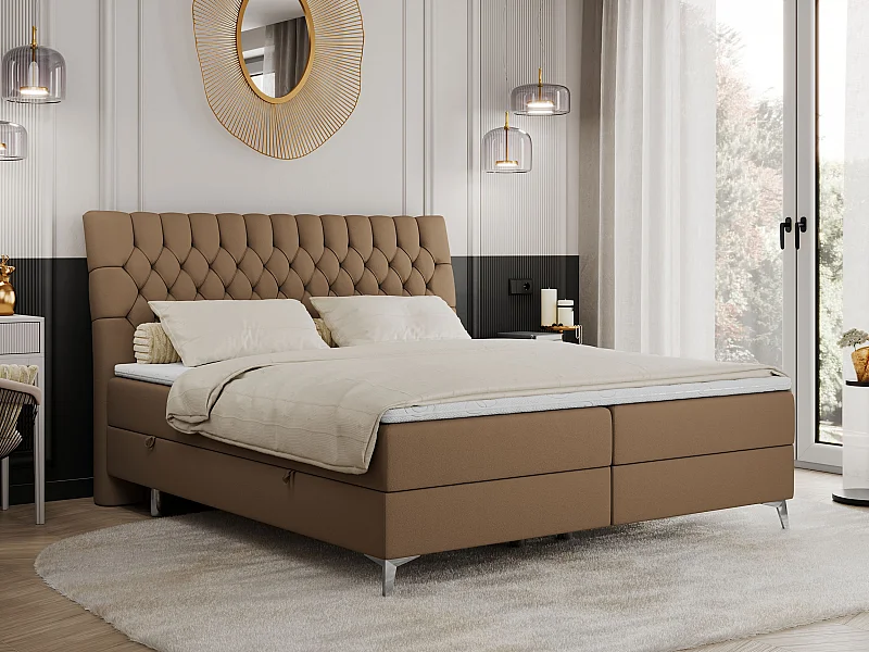 Boxspringbett MILEN - gepolstertes Schlafzimmerbett, zwei Multipocket-Matratze, dekorative hohe Beine - 200x200 cm - H4 - Braun Kunstleder