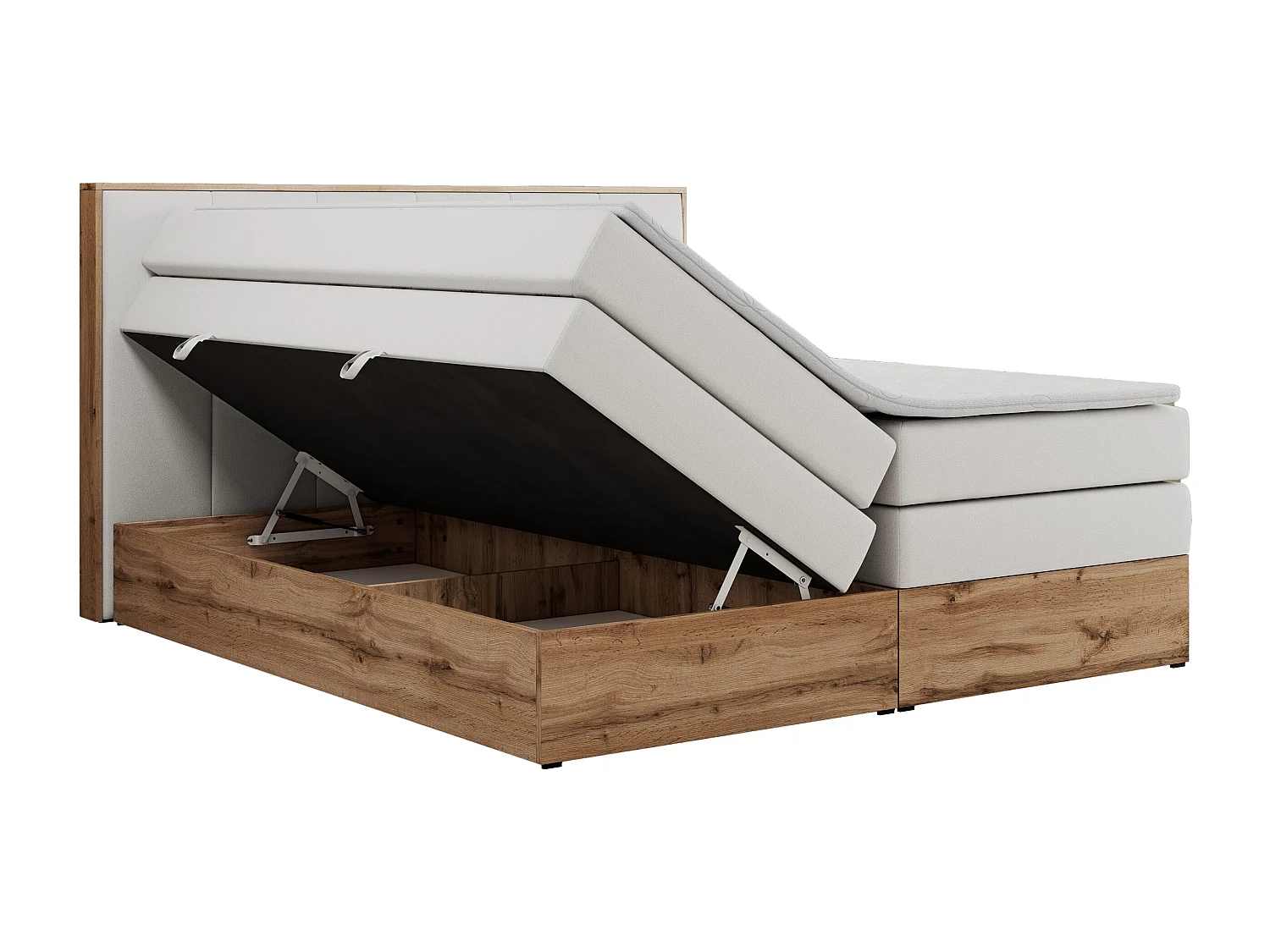 Boxspringbett ALBERO 1 KING - zwei 7 Härtezonen Multipocket-Matratzen, Doppelbett mit Stauraum, Eiche Wotan Holzrahmen - 120x200 cm - H3 - Weiß Kunstleder