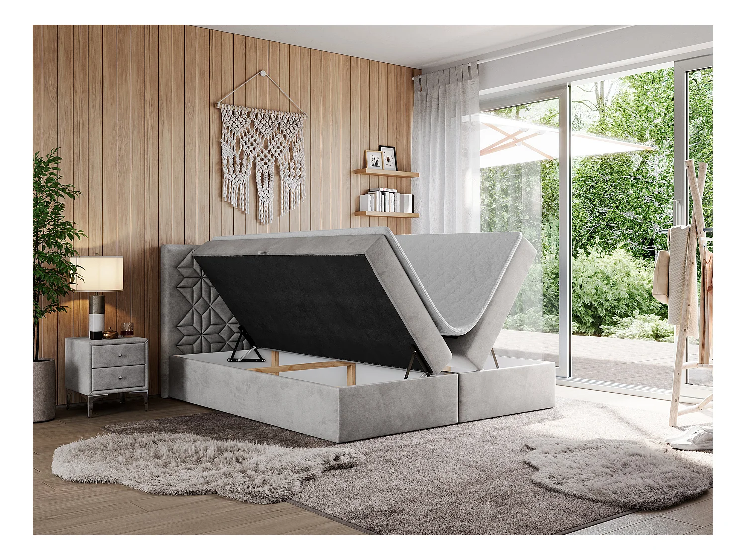 Boxspringbett LEILA - gestepptes Kopfteil,  7 Härtezonen Multipocket-Matratzen, Doppelbett mit Bettkästen - 200x200 cm - H4 - Hellgrau Velvet