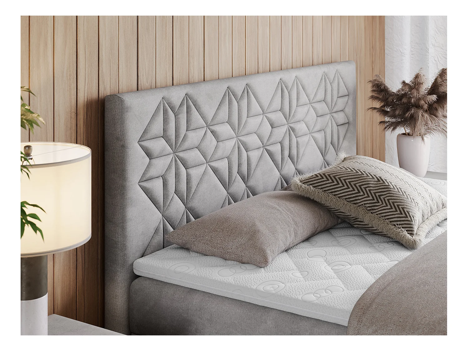 Boxspringbett LEILA - gestepptes Kopfteil,  7 Härtezonen Multipocket-Matratzen, Doppelbett mit Bettkästen - 200x200 cm - H4 - Hellgrau Velvet