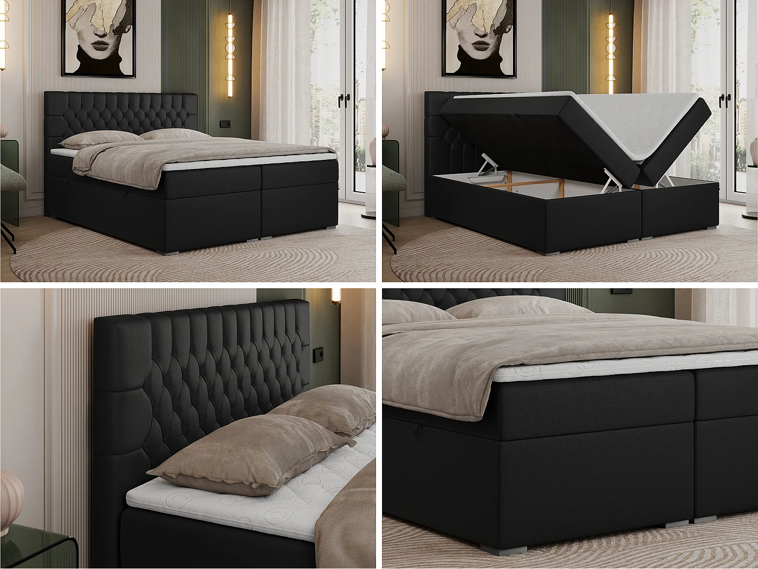 Boxspringbed met hoofdbord H3 + Topper T25 - Zwart Kunstleer - 160x200 - PERA