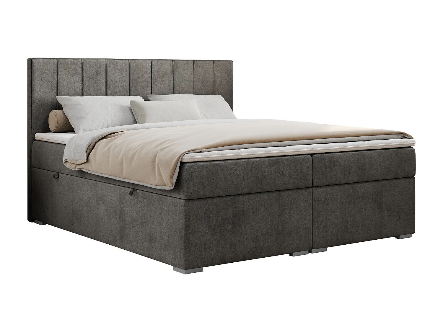 Boxspringbett ALLY - gestreiftes, genähtes Kopfteil, zwei Bettkästen, Multipocket-Matratzen, Praktisch Polsterbett - 200x200 cm - H3 - Dunkelgrau Velvet