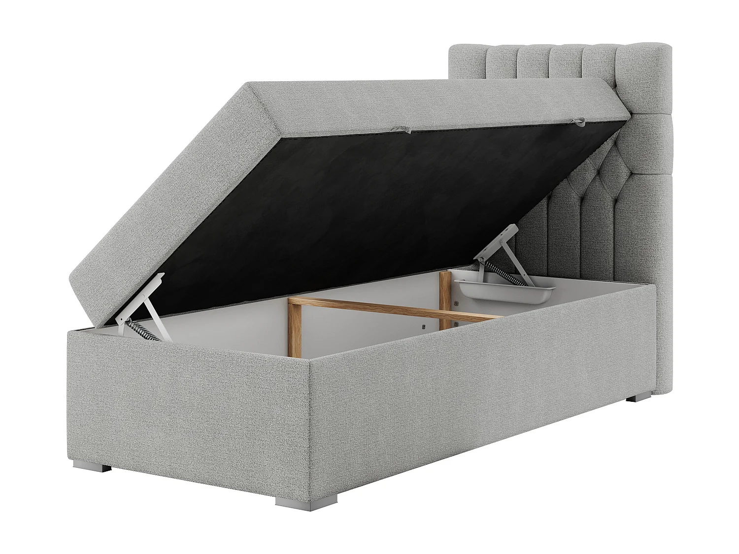 Boxspringbett PERA - Einzelbett mit Kopfstütze, Polsterbett, Multipocket-Matratze, genähtes Kopfteil - 90x200 cm - H3 - Hellgrau Strukture - Rechts Seite