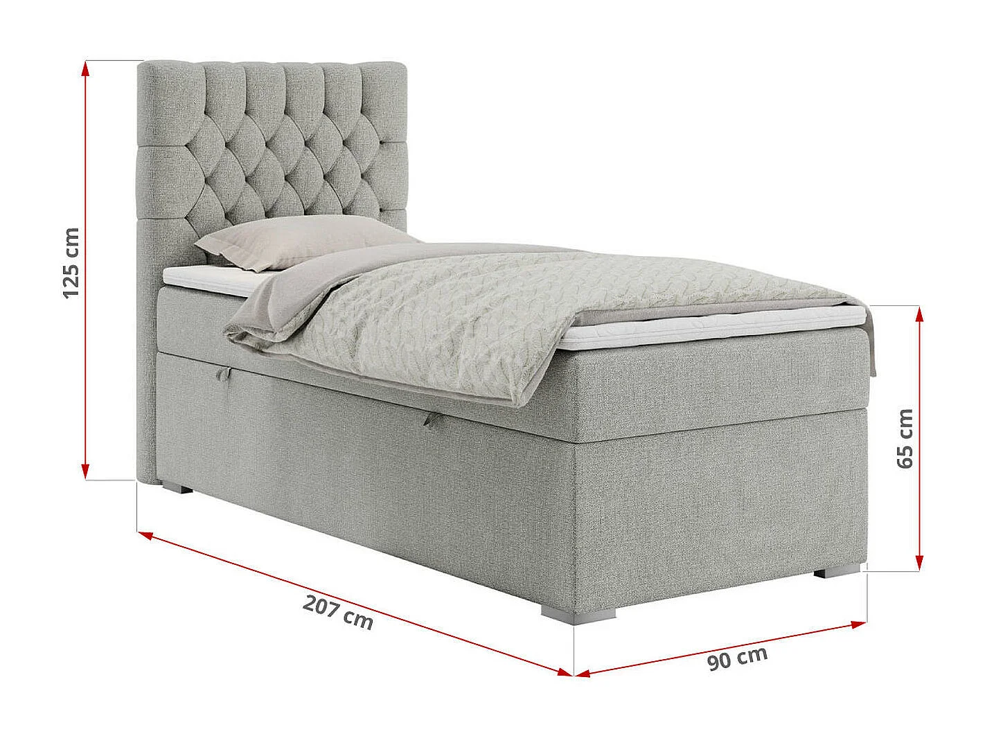 Boxspringbett PERA - Einzelbett mit Kopfstütze, Polsterbett, Multipocket-Matratze, genähtes Kopfteil - 90x200 cm - H3 - Hellgrau Strukture - Rechts Seite