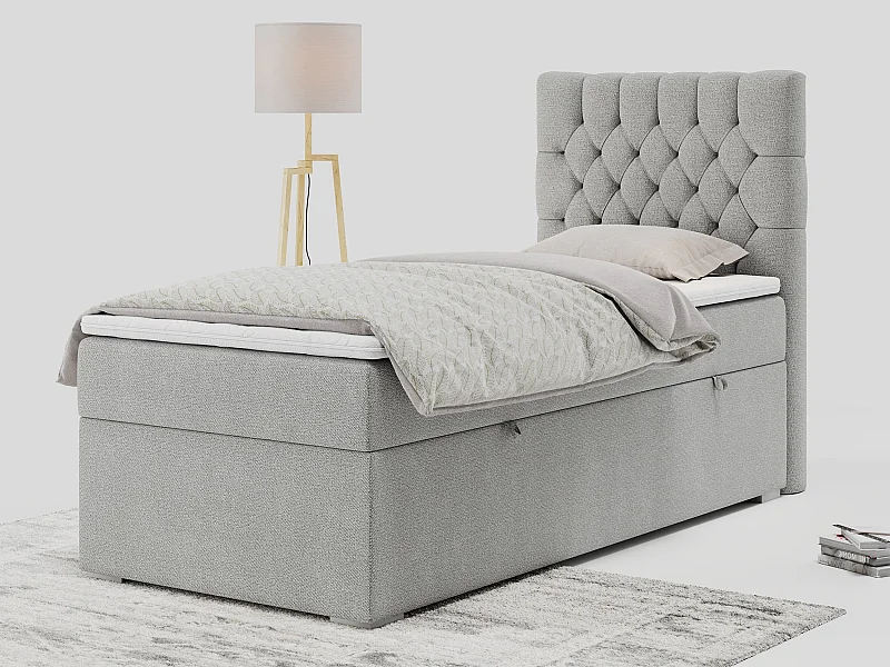 Boxspringbett PERA - Einzelbett mit Kopfstütze, Polsterbett, Multipocket-Matratze, genähtes Kopfteil - 90x200 cm - H3 - Hellgrau Strukture - Rechts Seite
