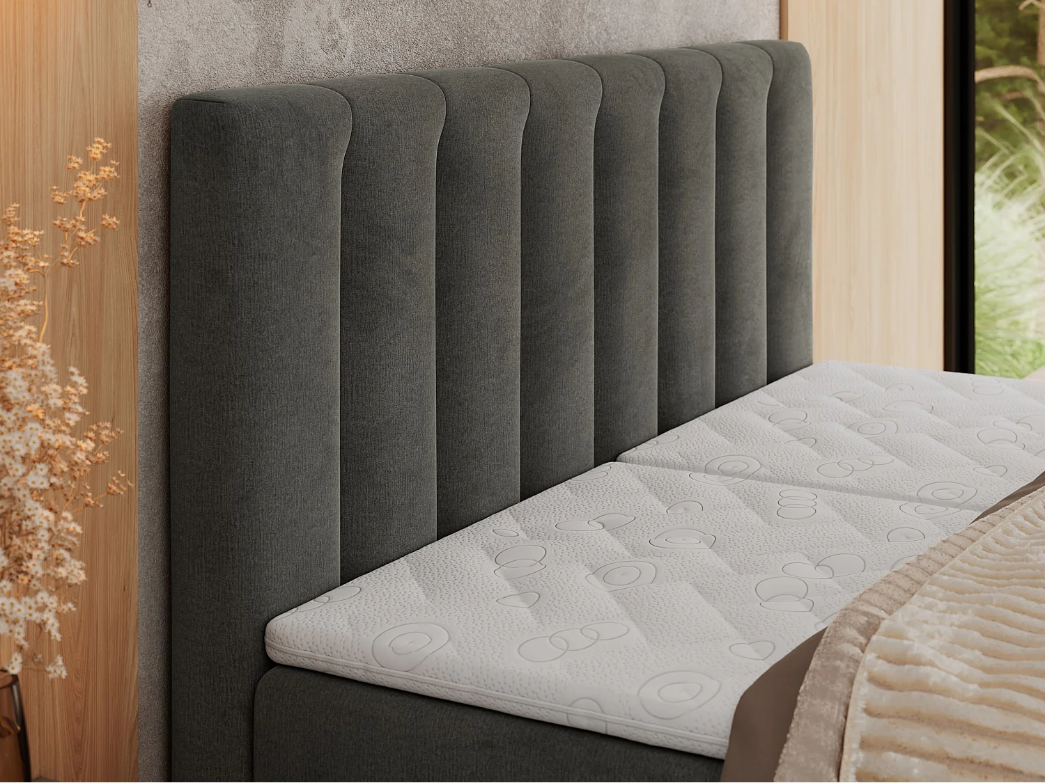 Boxspringbett COMFORTO - Doppelbett, Elektrisch verstellbare, Multipocket-Matratzen und Topper, genähtes Kopfteil - 140x200 cm - H4 - Dunkelgrau Velvet