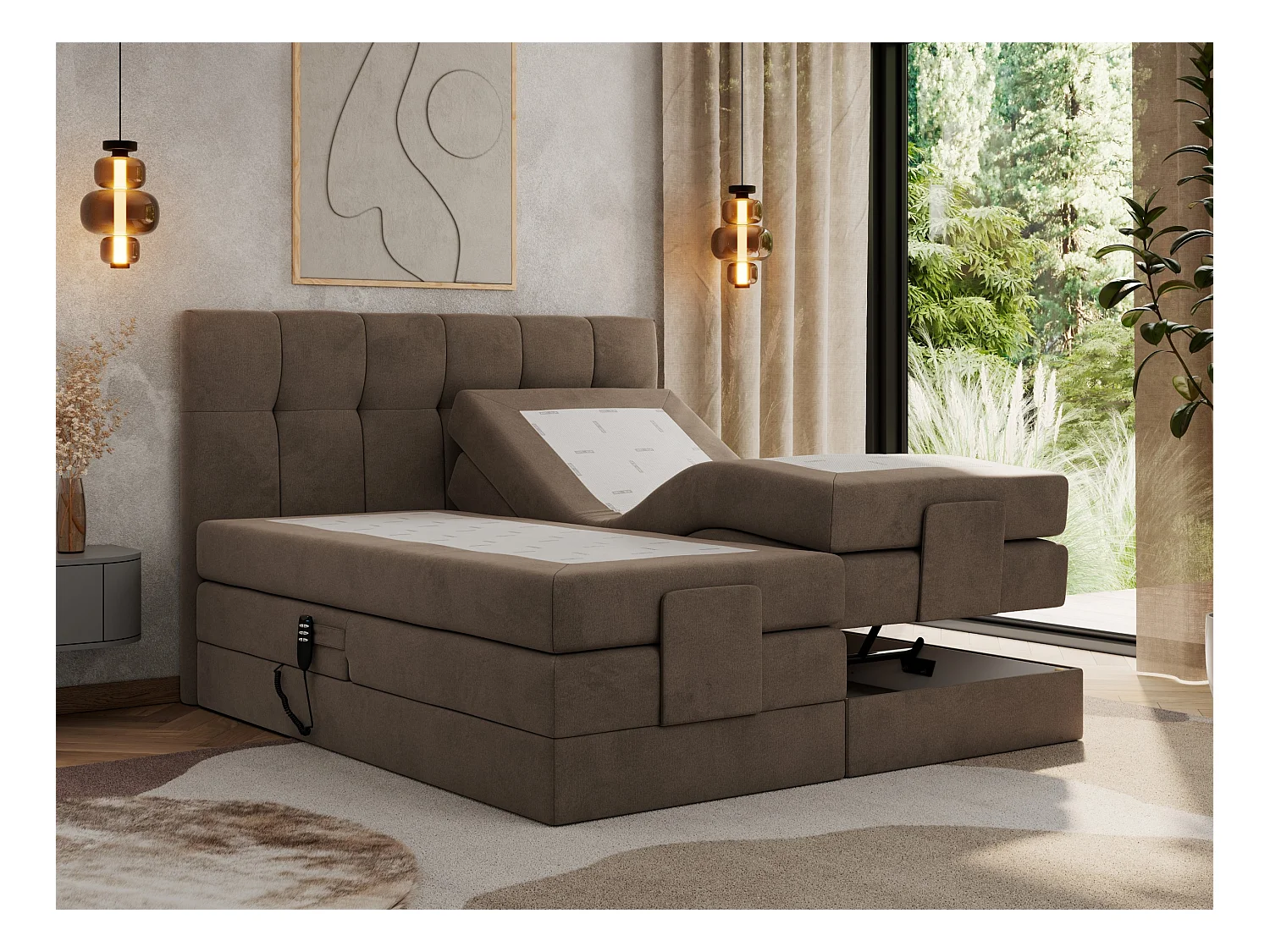 Boxspringbett VITTORIA - mit gestepptem Kopfteil, elektrischem Untergestell, Multipocket-Matratze - 180x200 cm - H3 - Braun Velvet