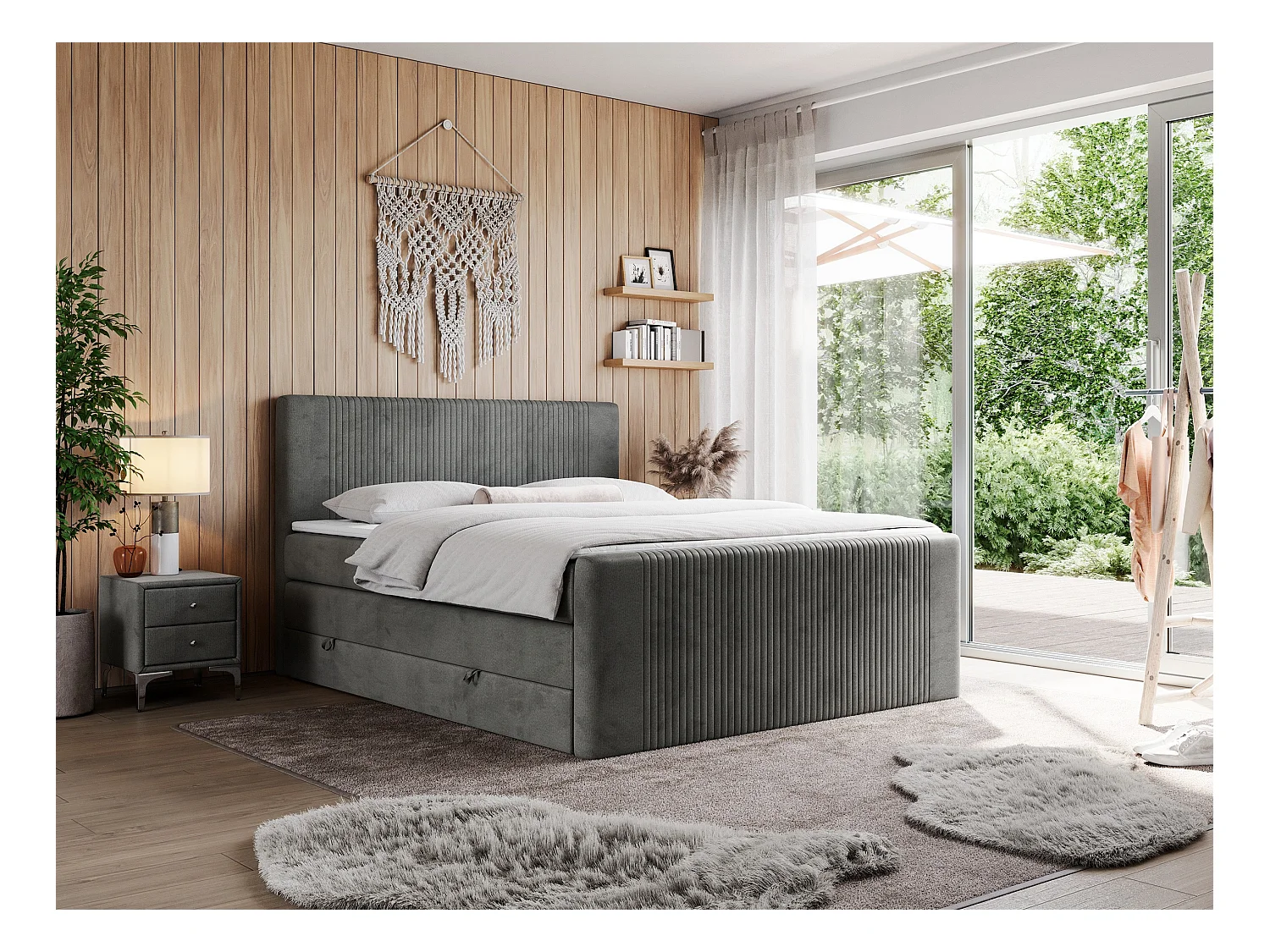 Boxspringbett DOREN KING - mit gesteppter Front und Kopfteil, zwei Multipocket-Matratzen und Topper, Doppelbett - 120x200 cm - H3 - Dunkelgrau Velvet