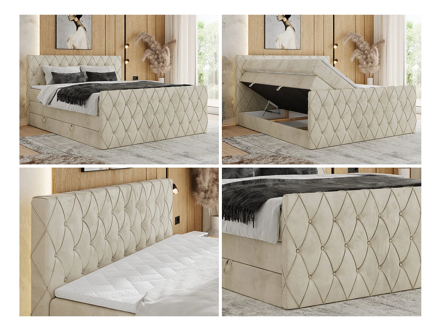 Boxspringbett MIREN KING DUO - für Schlafzimmer mit zwei Multipocket-Matratzen und Topper, gestepptes Kopfteil und Front  - 200x200 cm - H3 - Beige Velvet