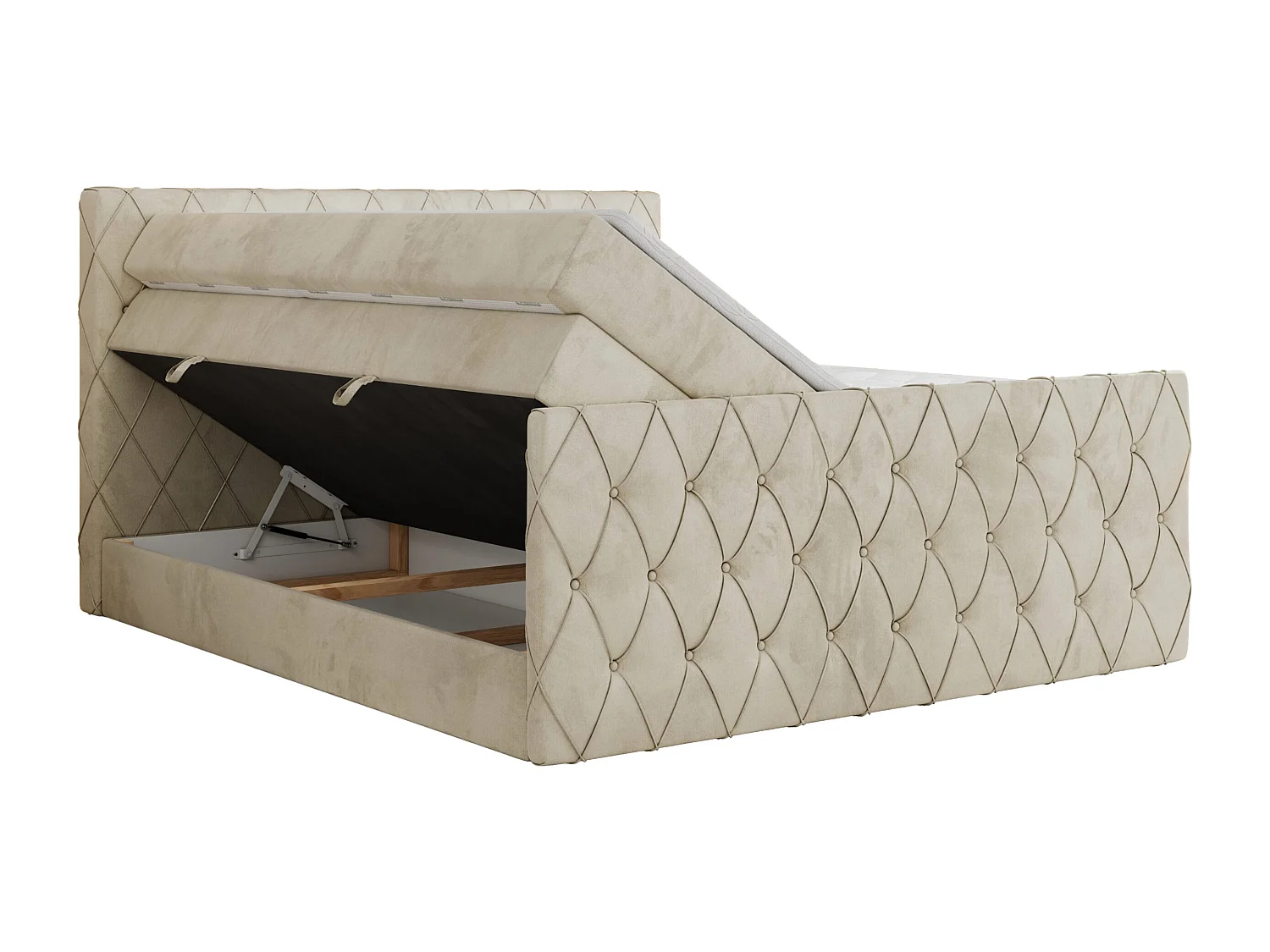 Boxspringbett MIREN KING DUO - für Schlafzimmer mit zwei Multipocket-Matratzen und Topper, gestepptes Kopfteil und Front  - 200x200 cm - H3 - Beige Velvet
