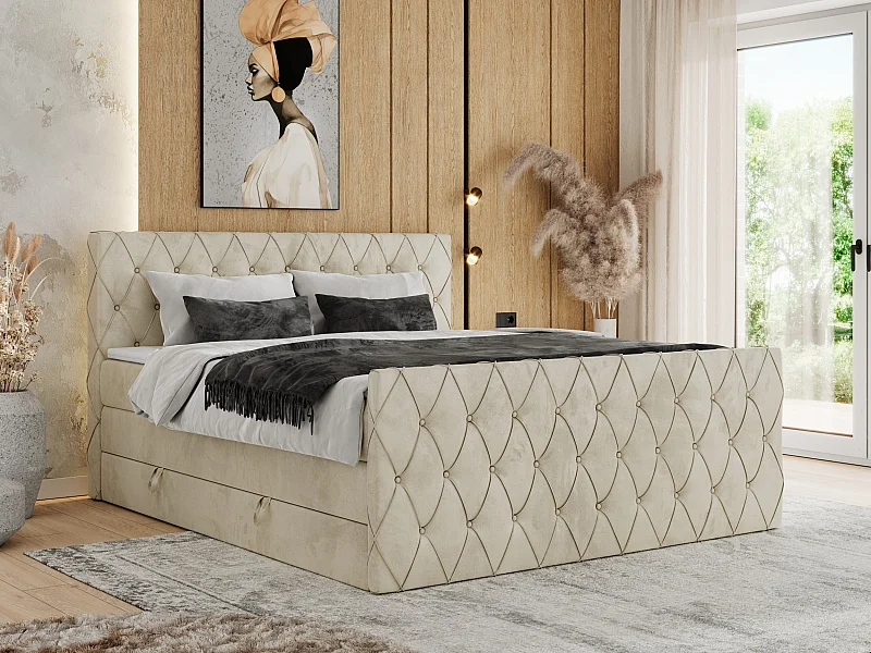 Boxspringbett MIREN KING DUO - für Schlafzimmer mit zwei Multipocket-Matratzen und Topper, gestepptes Kopfteil und Front  - 200x200 cm - H3 - Beige Velvet