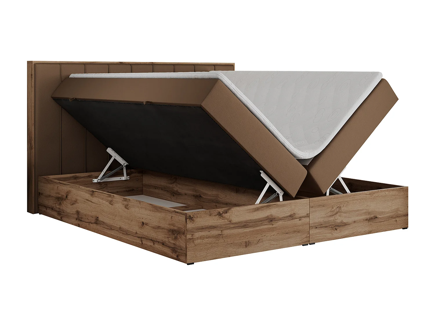 Boxspringbett BELLISSIMO - mit gestepptem Kopfteil, Polsterbett mit zwei Bettkästen, Multipocket-Matratze - 200x200 cm - H3 - Braun Kunstleder