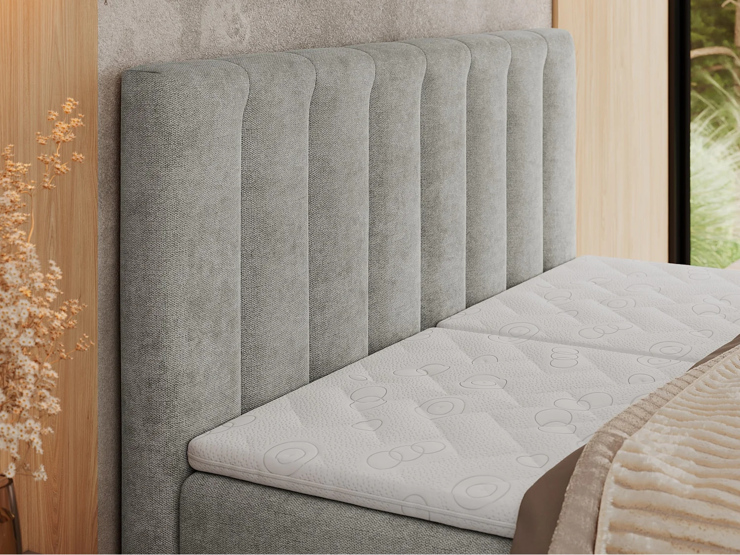 Boxspringbett COMFORTO - Doppelbett, Elektrisch verstellbare, Multipocket-Matratzen und Topper, genähtes Kopfteil - 140x200 cm - H4 - Hellgrau Strukture