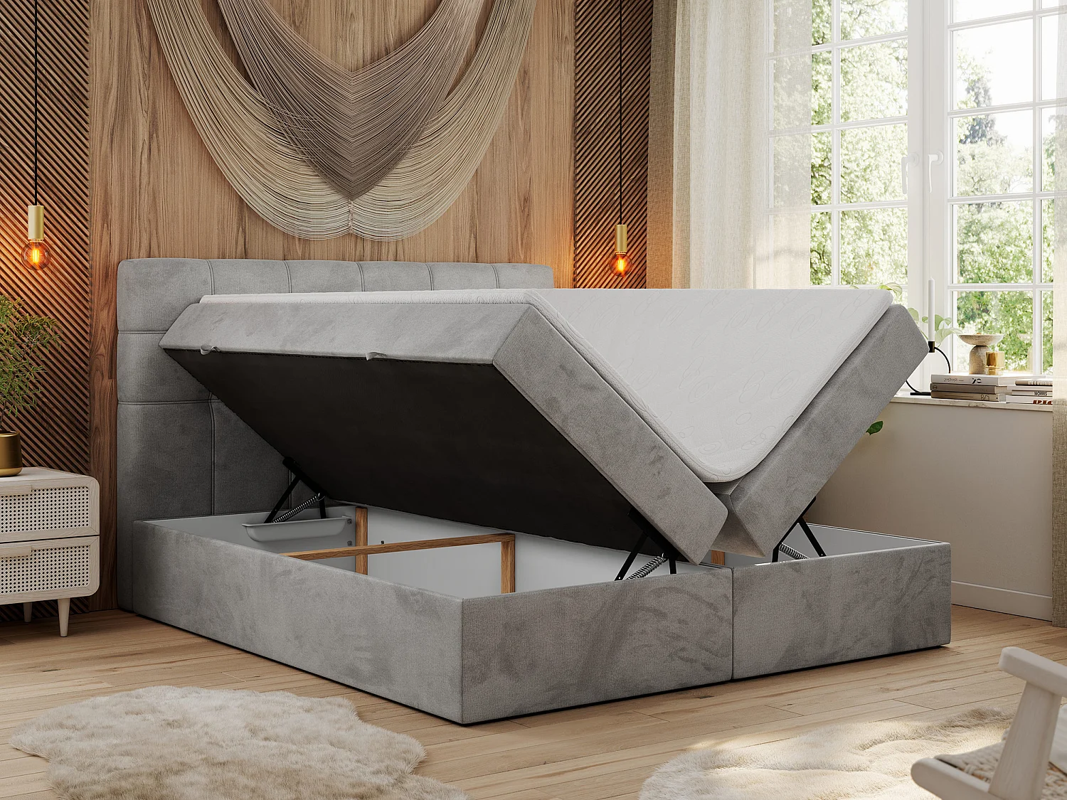 Boxspringbett ERNI - mit gestepptem Kopfteil, Polsterbett, Multipocket-Matratze und Topper, Bettkästen - 140x200 cm - H3 - Hellgrau Velvet