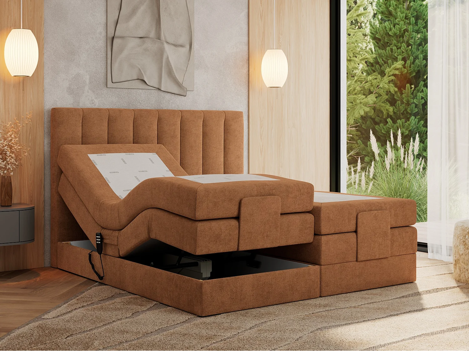 Boxspringbett COMFORTO - Doppelbett, Elektrisch verstellbare, Multipocket-Matratzen und Topper, genähtes Kopfteil - 200x200 cm - H4 - Orange Strukture