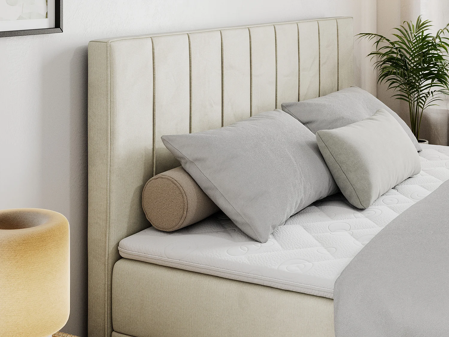 Boxspringbett ALLY - gestreiftes, genähtes Kopfteil, zwei Bettkästen, Multipocket-Matratzen, Praktisch Polsterbett - 160x200 cm - H4 - Beige Velvet
