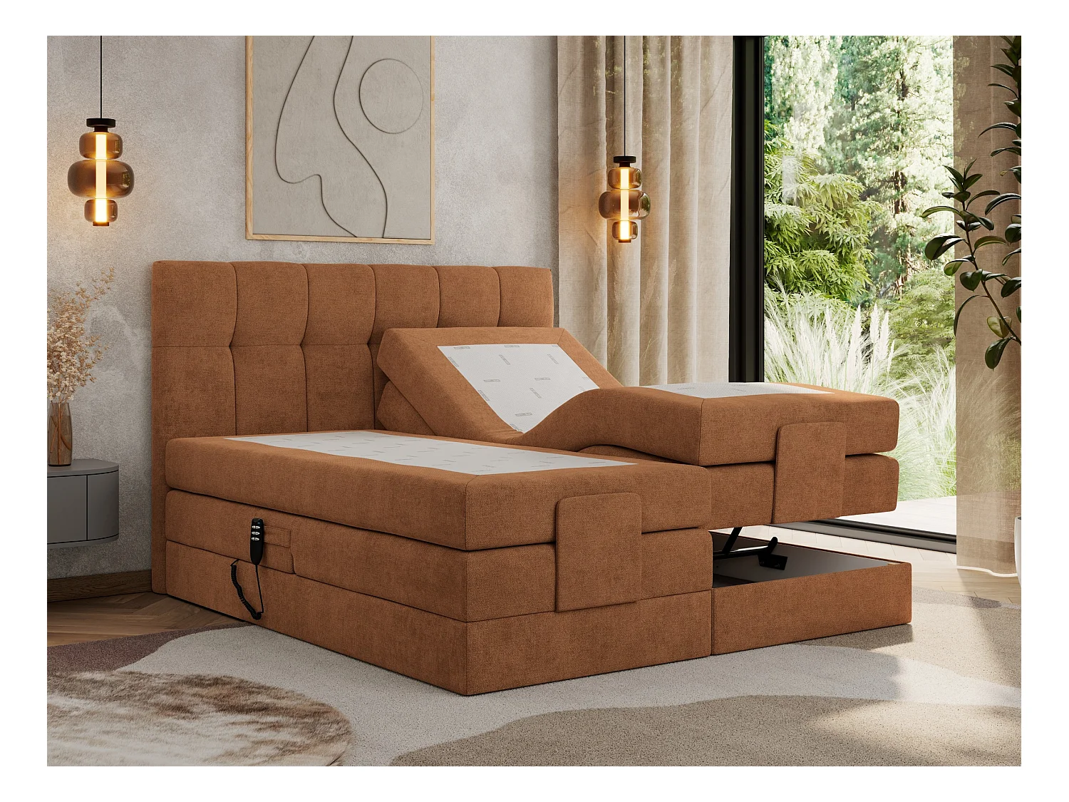 Boxspringbett VITTORIA - mit gestepptem Kopfteil, elektrischem Untergestell, Multipocket-Matratze - 140x200 cm - H4 - Orange Strukture