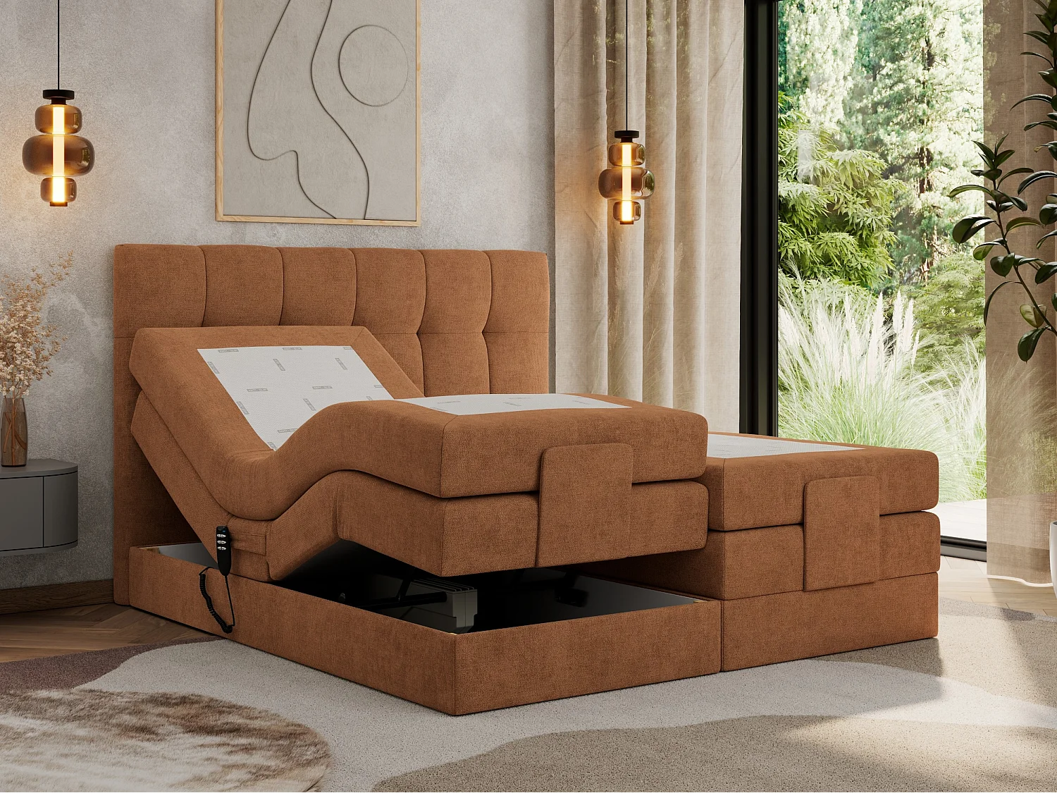 Boxspringbett VITTORIA - mit gestepptem Kopfteil, elektrischem Untergestell, Multipocket-Matratze - 140x200 cm - H4 - Orange Strukture