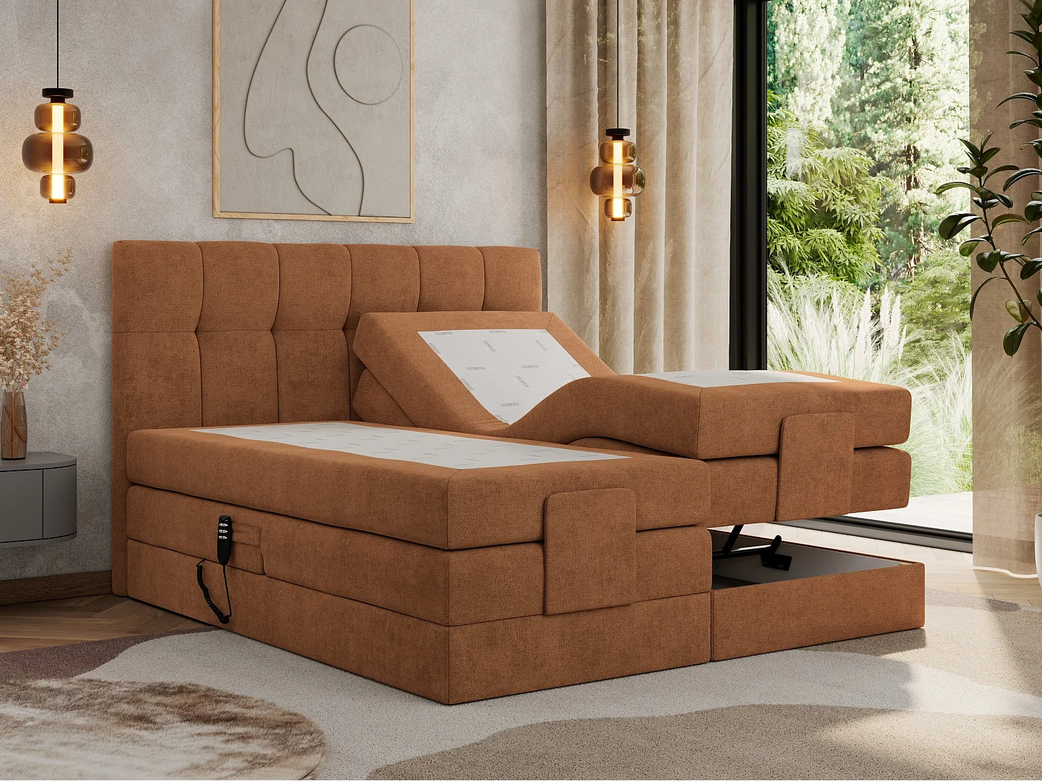 Boxspringbett VITTORIA - mit gestepptem Kopfteil, elektrischem Untergestell, Multipocket-Matratze - 140x200 cm - H4 - Orange Strukture