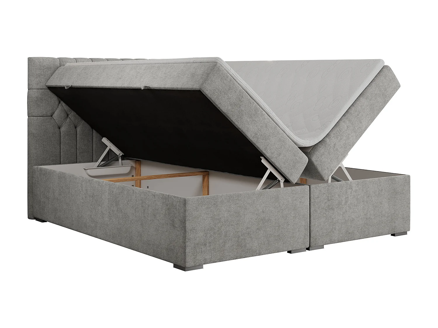 Boxspringbett PERA - gesteppte Kopfstütze, Multipocket-Matratze und Topper, Doppelbett mit Stauraum - 200x200 cm - H4 - Hellgrau Strukture